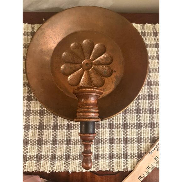 Vintage Copper & Wood Candle Holder With Flower Motif Primitive Decor - Picture 5 of 9